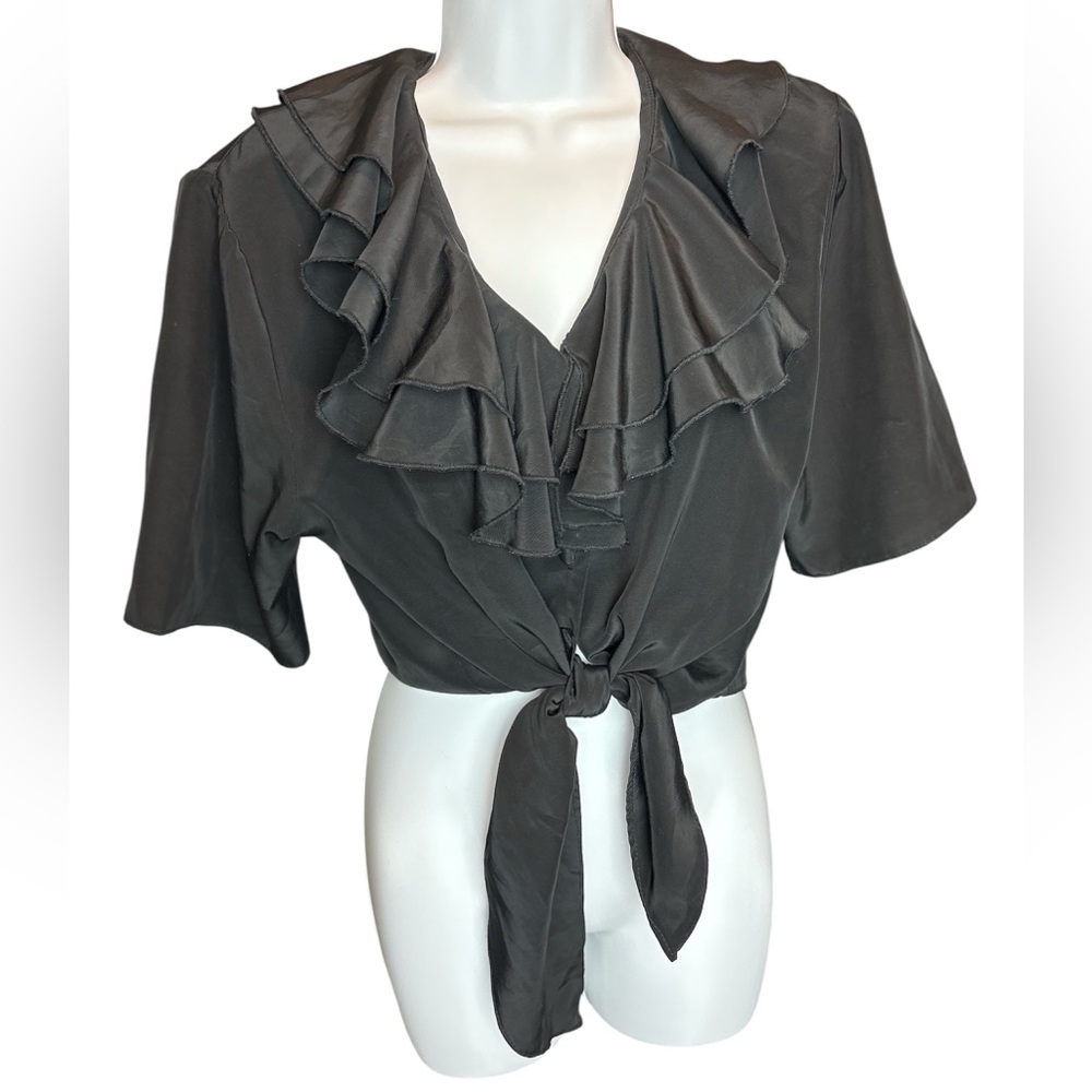 True Vintage - 1980s Stunning Crop Black Ruffle Tie-Front Top - M L XL